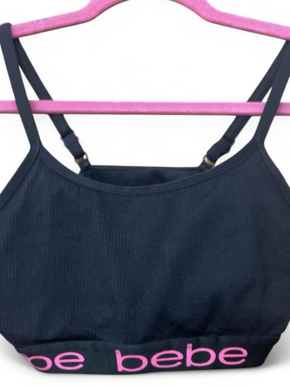 Bebe Black Sports Bra 1X Pink Logo Elastic Strap Bralette Activewear